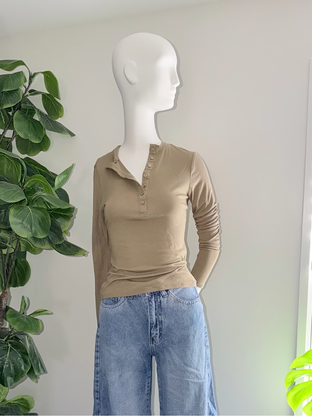 Olive Green Henley Long Sleeve Shirt